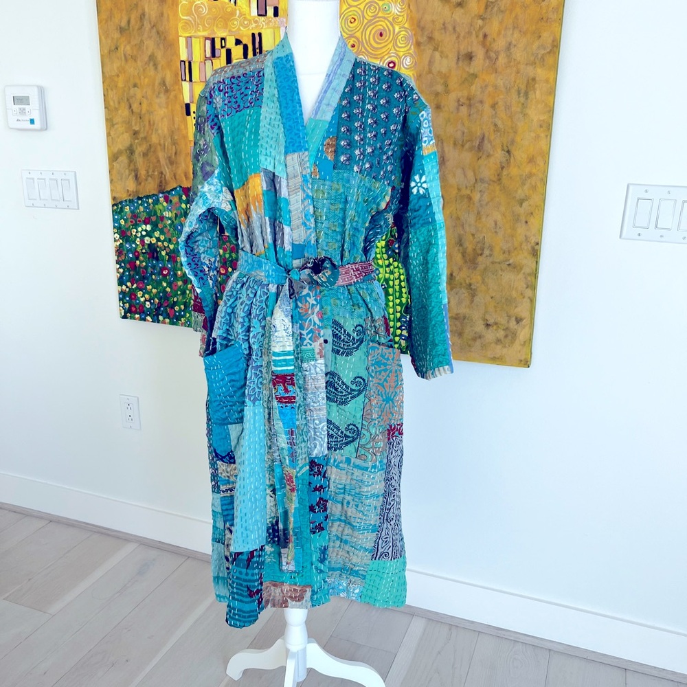 FASHION HANDMADE QUILTED REVERSIBLE KIMONO  ROBE COTTON SILK SIZE L